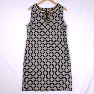 Ellen Tracy Geometric Shift Dress Womens 12 Black Gold Beaded Neck Art Deco Glam